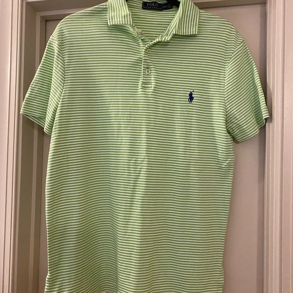 Ralph Lauren Medium 100% Cotton Light Green Striped Polo Shirt